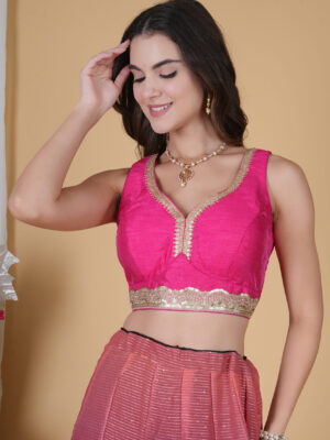 hot pink blouse with golden patti border