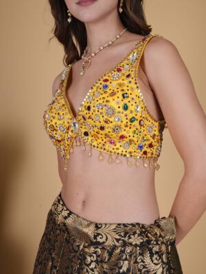 prited work yellow blouse