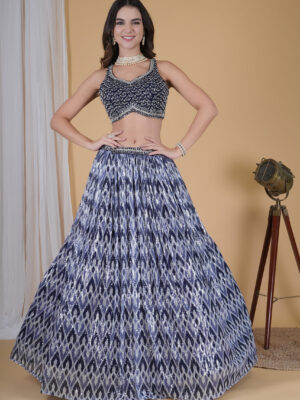 Blue and White Net Sequence Chevron Lehenga