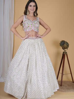 Designer White Lehenga with Multicolour Floral EmbroideryDesigner White Lehenga with Multicolour Floral Embroidery