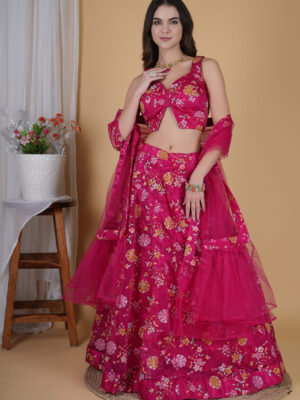Modern Hot Pink Party Wear Lehenga in Organza Fabric