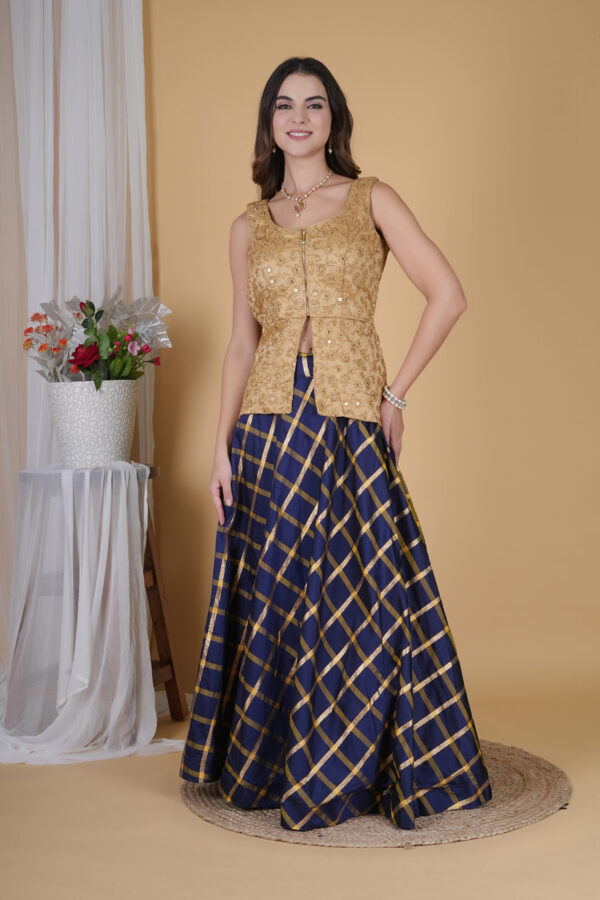 GOLDEN AND BLUE LONG CHOLI LEHNGA - Image 5