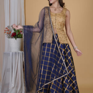 GOLDEN AND BLUE LONG CHOLI LEHNGA