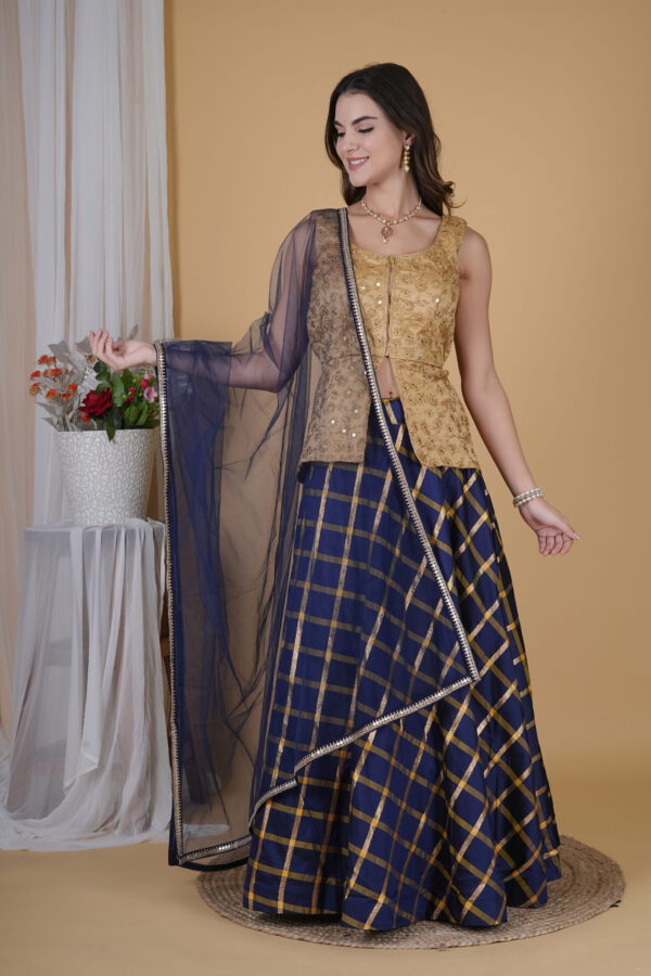 GOLDEN AND BLUE LONG CHOLI LEHNGA