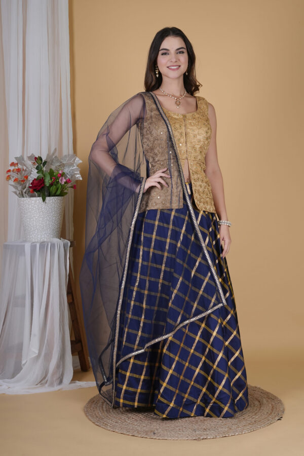 GOLDEN AND BLUE LONG CHOLI LEHNGA - Image 3