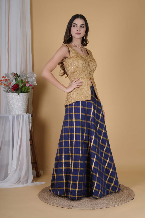 GOLDEN AND BLUE LONG CHOLI LEHNGA - Image 4