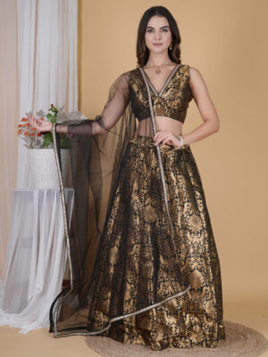 Black Beauty Floral Pattern Banarasi Lehenga