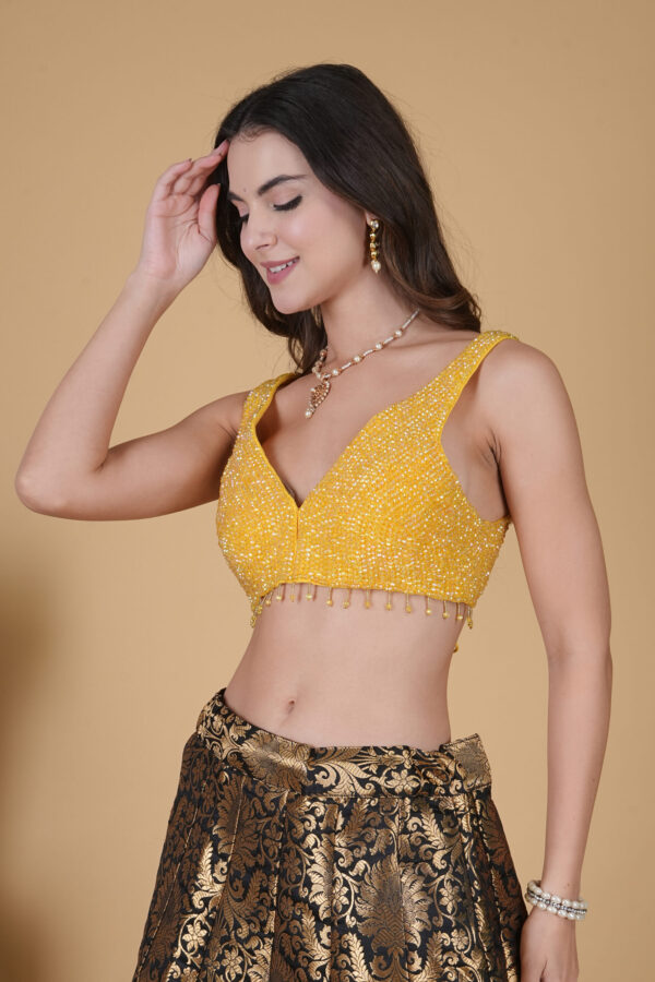 Yellow Crystal Pearl Saree Blouse - Image 4