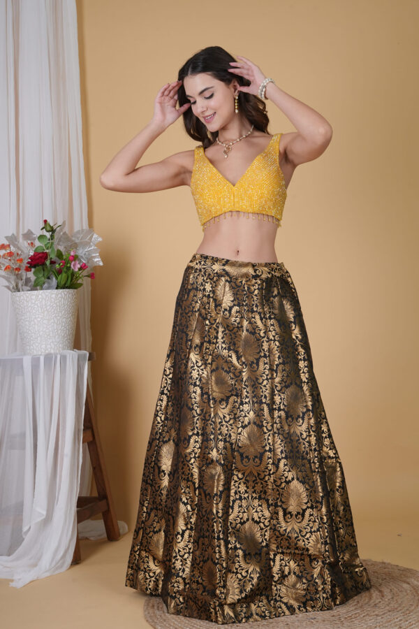 Yellow Crystal Pearl Saree Blouse - Image 7