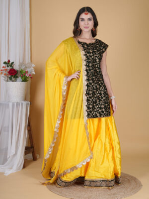 Valvet Green Yellow Embroidered Long Choli Lehnga