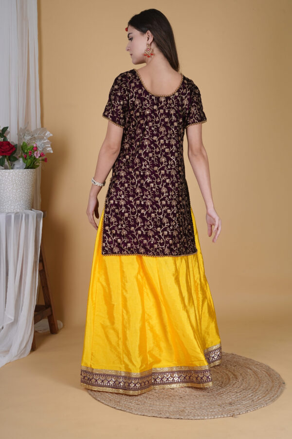 Maroon and Yellow Velvet Embroidered Long Top Lehnga Choli - Image 2