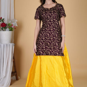 Maroon and Yellow Velvet Embroidered Long Top Lehnga Choli