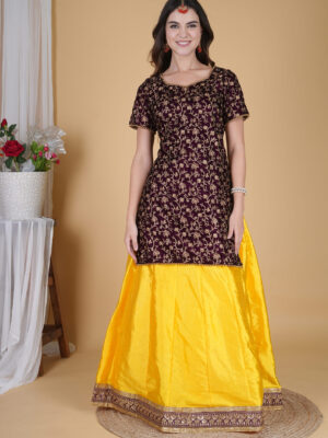 Maroon and Yellow Velvet Embroidered Long Top Lehenga Choli