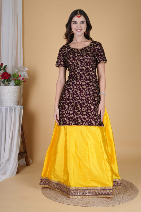 Maroon and Yellow Velvet Embroidered Long Top Lehnga Choli
