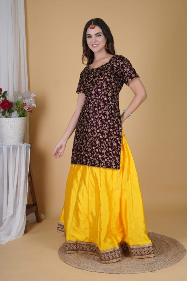 Maroon and Yellow Velvet Embroidered Long Top Lehnga Choli - Image 3