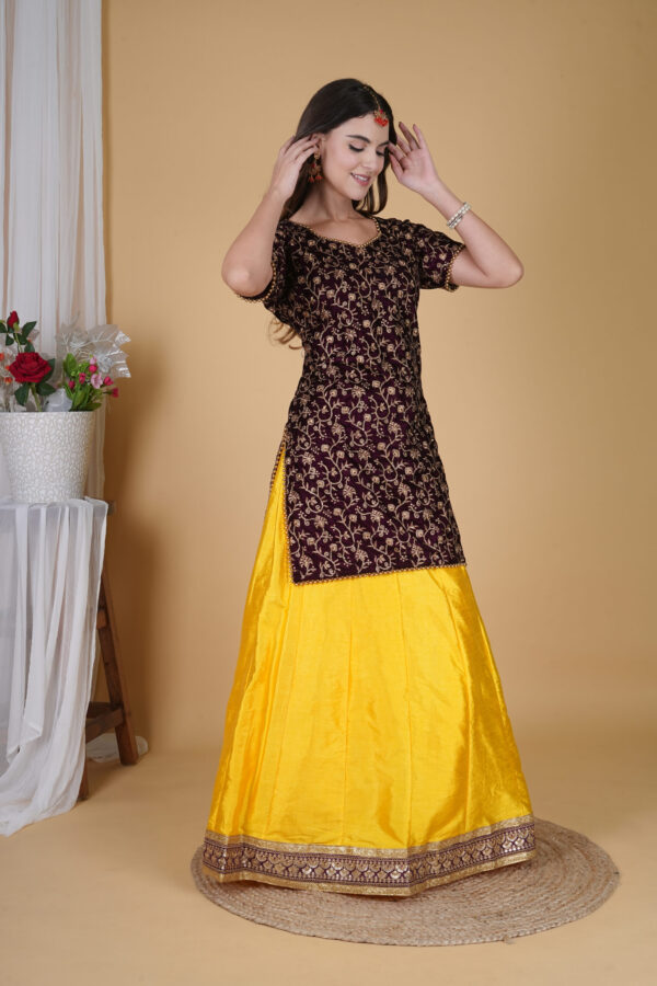 Maroon and Yellow Velvet Embroidered Long Top Lehnga Choli - Image 4