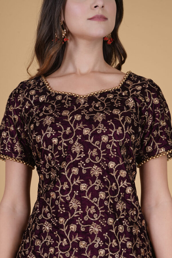 Maroon and Yellow Velvet Embroidered Long Top Lehnga Choli - Image 5