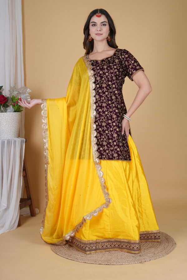 Maroon and Yellow Velvet Embroidered Long Top Lehnga Choli - Image 6