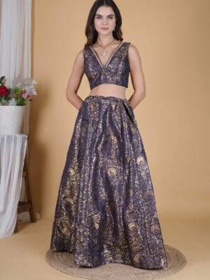 Floral Pattern Blue Banarasi Brocade Lehenga Choli – Elegant silk brocade outfit with intricate floral zari work, perfect for weddings, receptions, and festive celebrations.