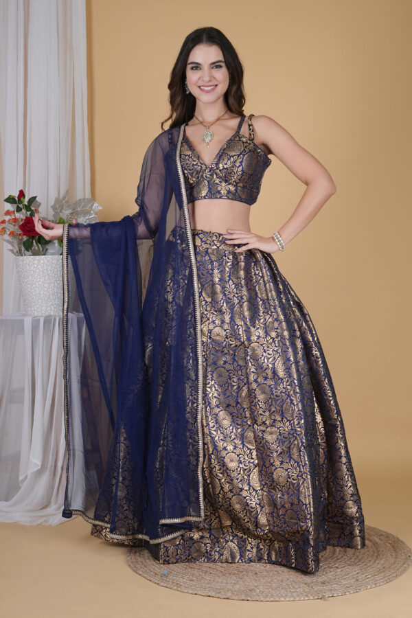 Designer Blue Banarsi Girlish Lehnga Choli - Image 5