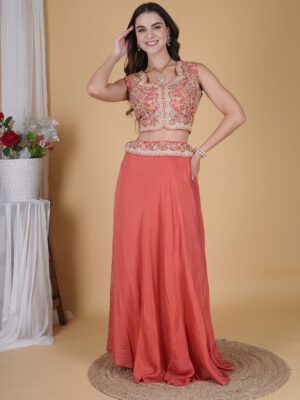 Peach Embroidered Lehnga Dress