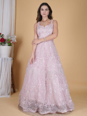Pink Gown Embroidery Sequin Applique Sweetheart Neck GownPink Gown Embroidery Sequin Applique Sweetheart Neck Gown