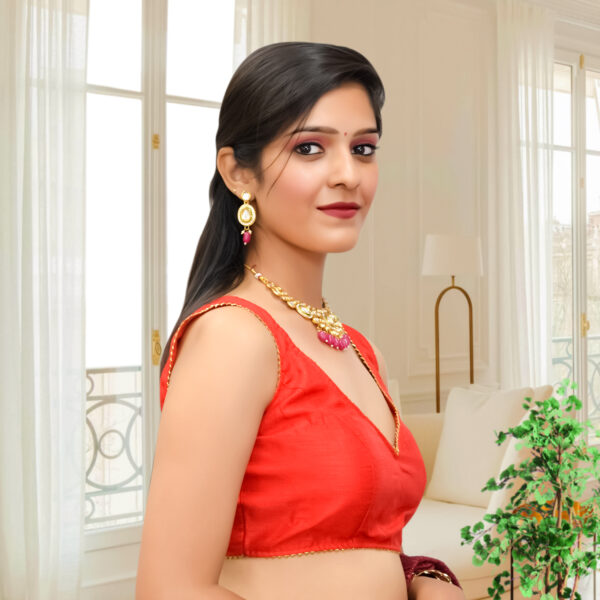Red Lace work Silk Embellished Blouse - Image 2