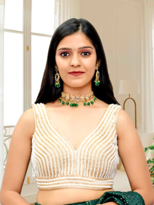 White & Gold Pearl Sleeveless Blouse