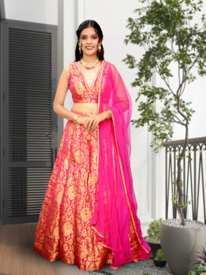 Hot Pink Sequins & Lace Embroidered Blouse Lehenga Set