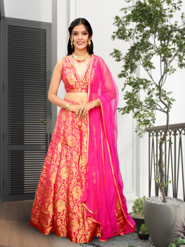 Hot Pink Sequins & Lace Embroidered Blouse Lehenga Set