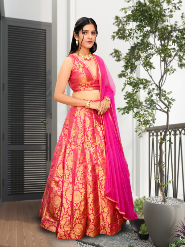 Hot Pink Sequins & Lace Embroidered Blouse Lehenga Set - Image 3