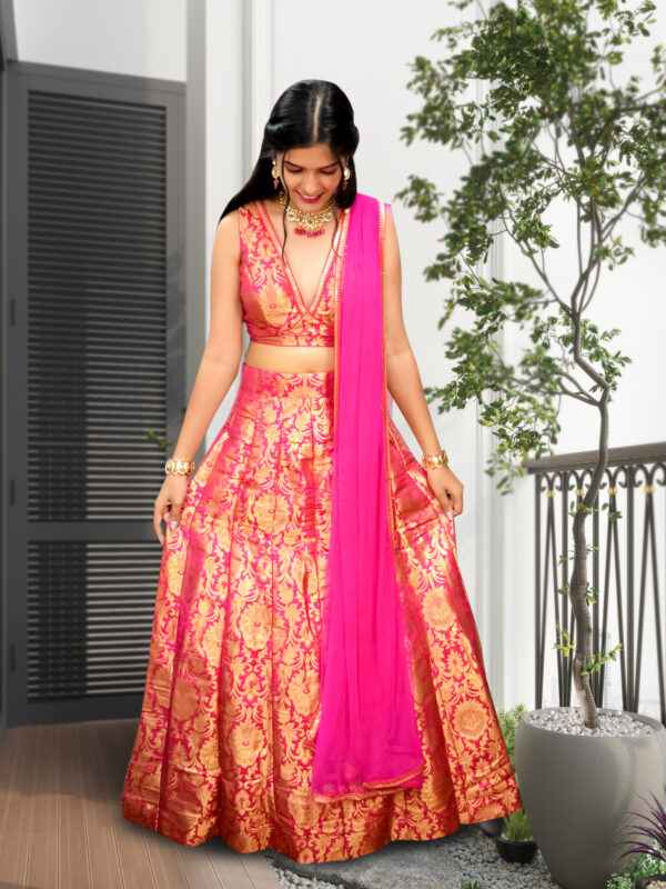Hot Pink Sequins & Lace Embroidered Blouse Lehenga Set - Image 4