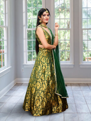 Green Banarasi Floral Pattern Lehenga