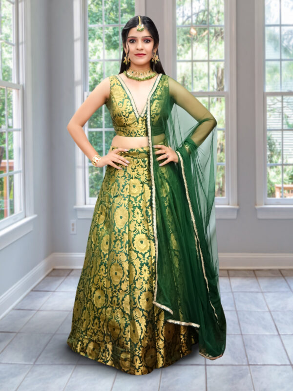 Green Banarsi Floral Pattern Lehnga - Image 2