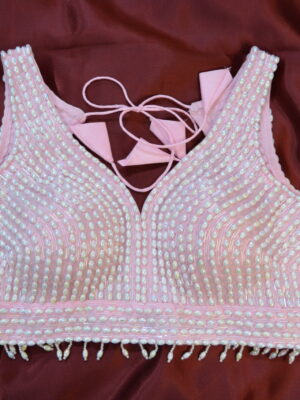 Baby Pink Beaded Pearl Blouse for wedding with saree