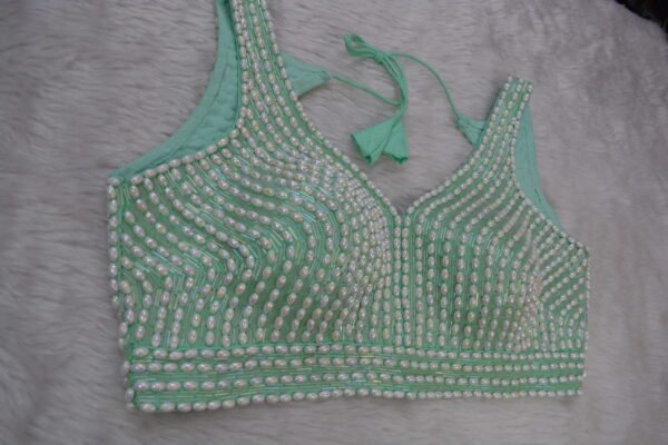 Sea Green And White Beaded Blouse - Image 2