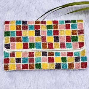 Multicoloured Beaded Geometrical Design Clutch Purse