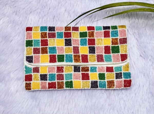 Multicoloured Beaded Geometrical Design Clutch Purse