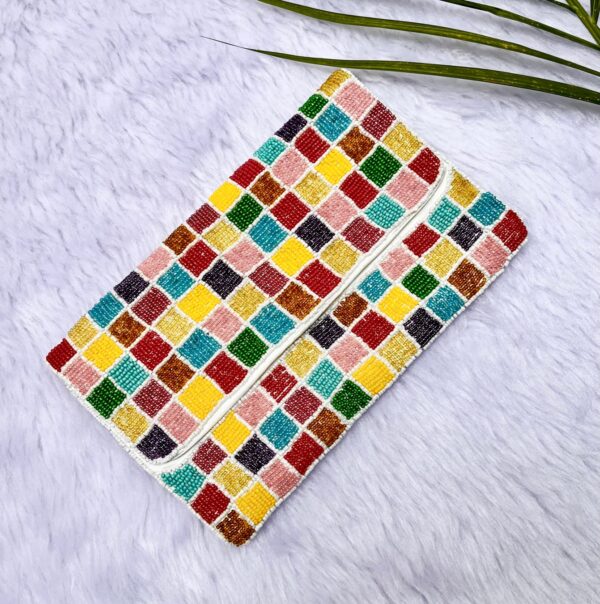 Multicoloured Beaded Geometrical Design Clutch Purse - Image 2