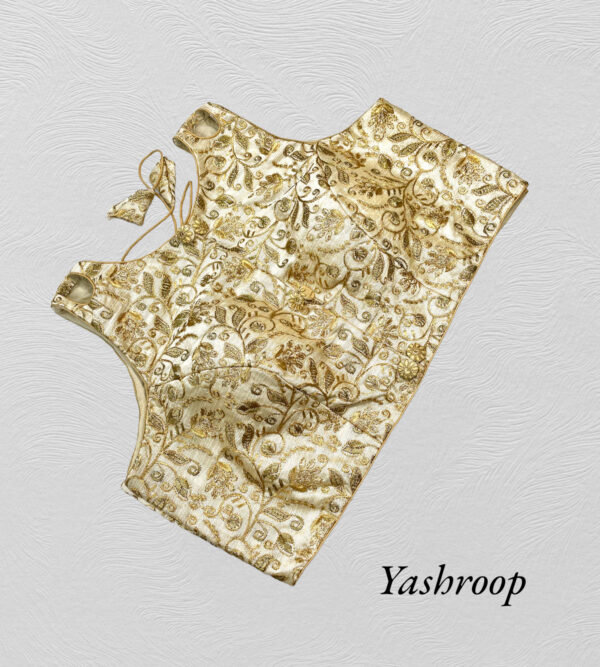 Designer Shoulders Golden Embroidered Blouse(Floral Print) - Image 2