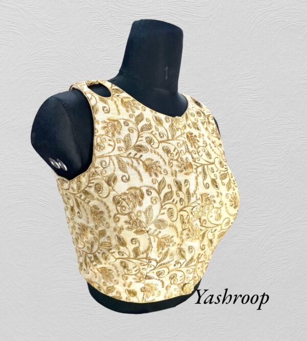 Designer Shoulders Golden Embroidered Blouse(Floral Print) - Image 5