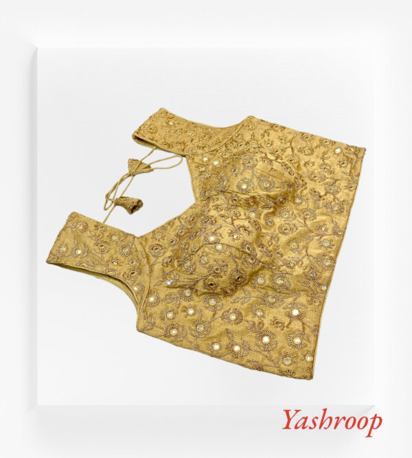 Latest Designer Golden Embroidered Blouse with Fawx Mirror - Image 2