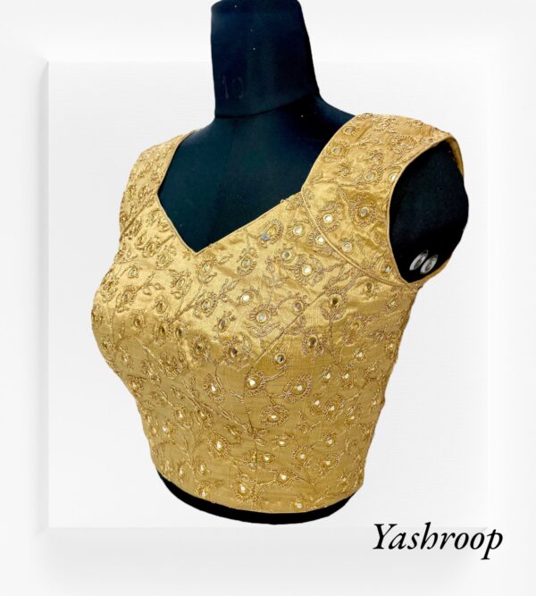 Latest Designer Golden Embroidered Blouse with Fawx Mirror - Image 5