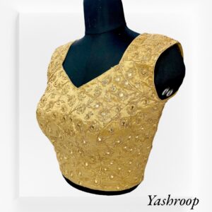Latest Designer Golden Embroidered Blouse with Fawx Mirror