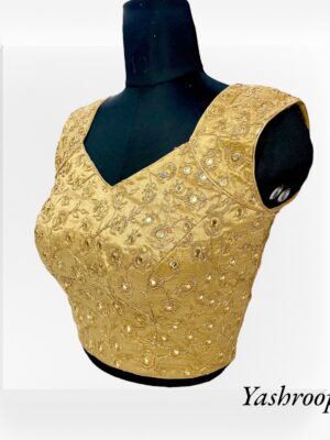 Latest Designer Golden Embroidered Blouse with Fawx Mirror