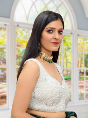 Pearl Zircon Diamond Blouse Top – embellished designer blouse with pearls, zircon stones, and diamond accents, perfect for weddings, receptions & party wear.