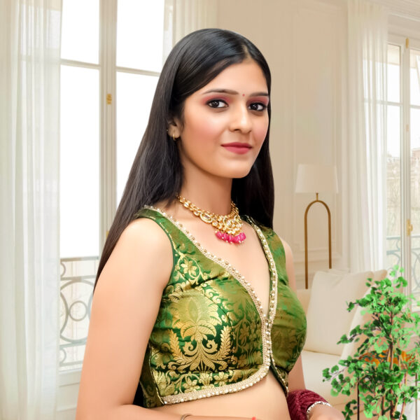 Green Banarsi Brocade blouse with cut Sleeves - Image 2