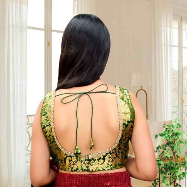 Green Banarsi Brocade blouse with cut Sleeves - Image 3
