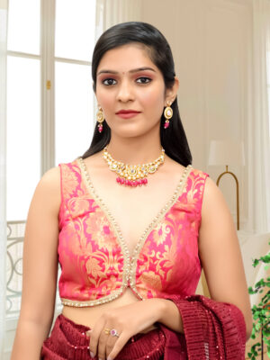 Hot Pink Banarsi Sleeveless Blouse – vibrant traditional Banarasi brocade blouse, bold sleeveless design, perfect for sarees, lehengas, weddings & festive wear.