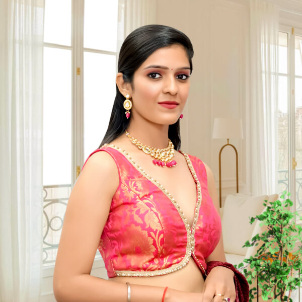 Hot Pink Banarsi sleeveless Blouse - Image 2
